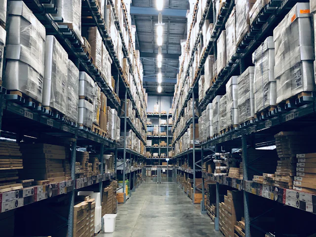 Warehouse interior with racking and a sealed concrete floor